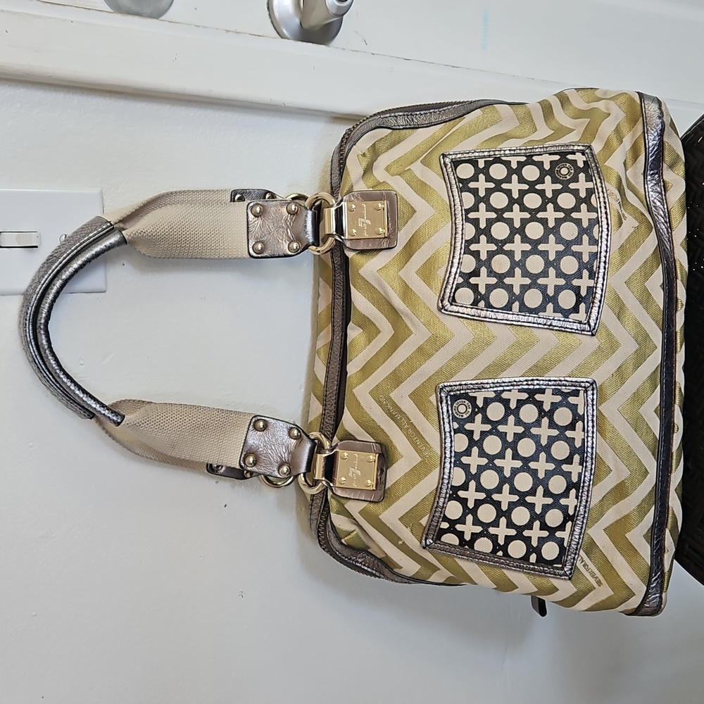 7 For All Mankind Metallic Canvas Tote Bag Purse Chevron Geometric Shoulder
